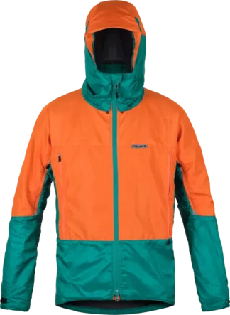 Mens Waterproof Climbing Jacket Paramo Velez In Orange And Cyan Front