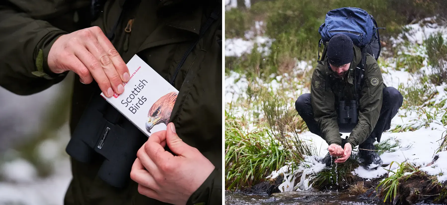 Mens Bird Watching Halkon 360 Jacket Moss man crouching by a stream and putting bird watching book in pocket - Higher Resolution